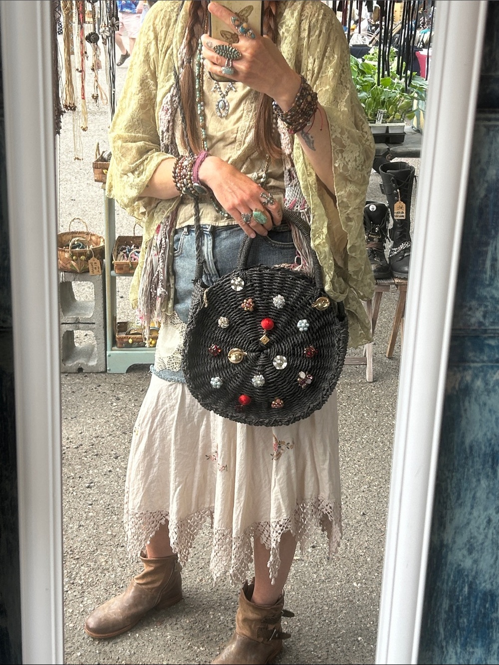 Upcycled embellished bohemian gypsy straw crossbody bag